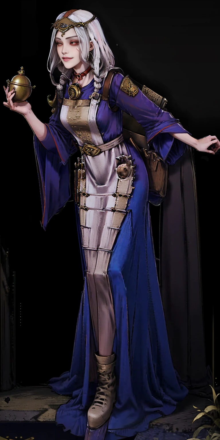 (Cassia Orsellio) full body standing straight symmetrical, red eyes, lustful smirking smile face red blush red cheeks, looking at viewer, holding tray, maid headdress, maid, dress, apron, long sleeves, brown pantyhose, leather choker with golden bell, long leather military boots, thighs, short bob white hair with 2braids, masterpiece