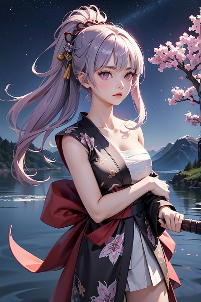 (masterpiece, Highest quality, Dutch Angle)(One girl, alone)(Gray Hair,Purple eyes,Straight Long Hair)(sarashi,kimono,One Shoulder、Wear one kimono:1.4、One shoulder exposed)(Serious expression, Woman with a sword:1.3、Floating Hair)(Cherry tree、dead tree、Mystical Night、Particles of light float around the woman、Space for fantasy)