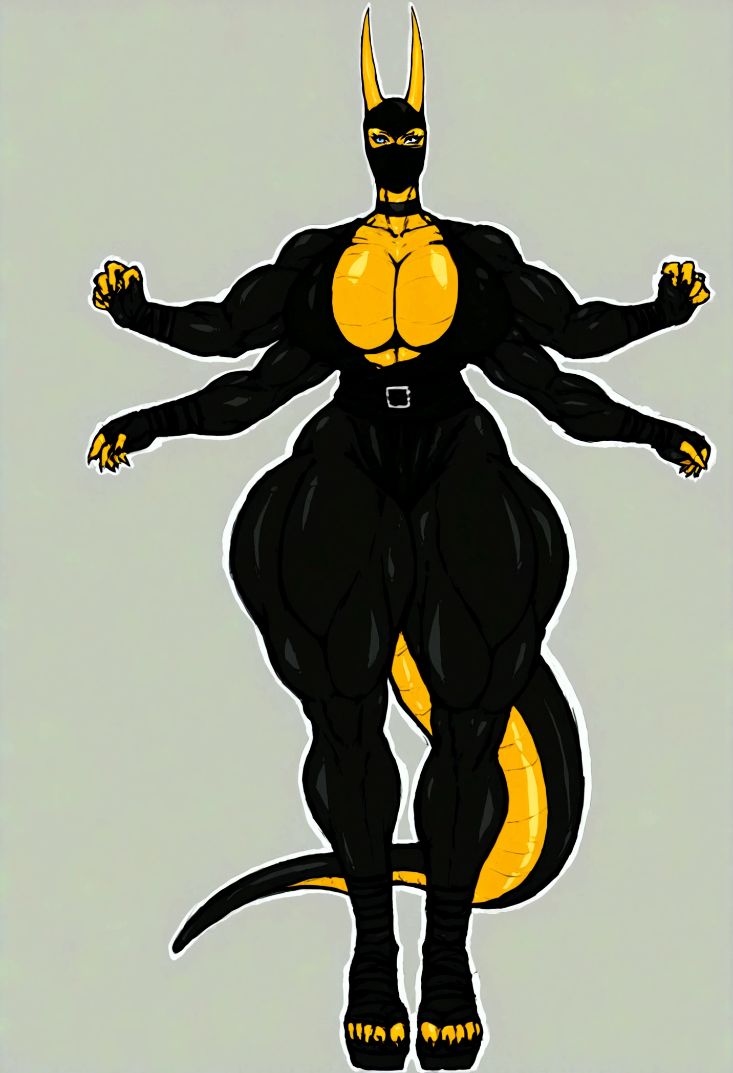 Ninja femboy, long cleopatra hair, dragon horns, long dragon tail, gigantic muscular body, black ninja outfit, big breasts, black ninja mask, 4 arms, full body.