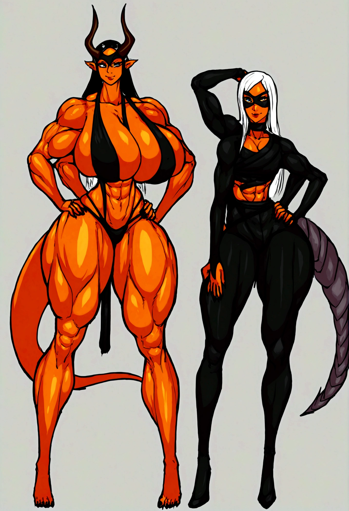 Ninja femboy, long cleopatra hair, dragon horns, long dragon tail, gigantic muscular body, black ninja outfit, , black ninja mask, 4 arms, full body.
