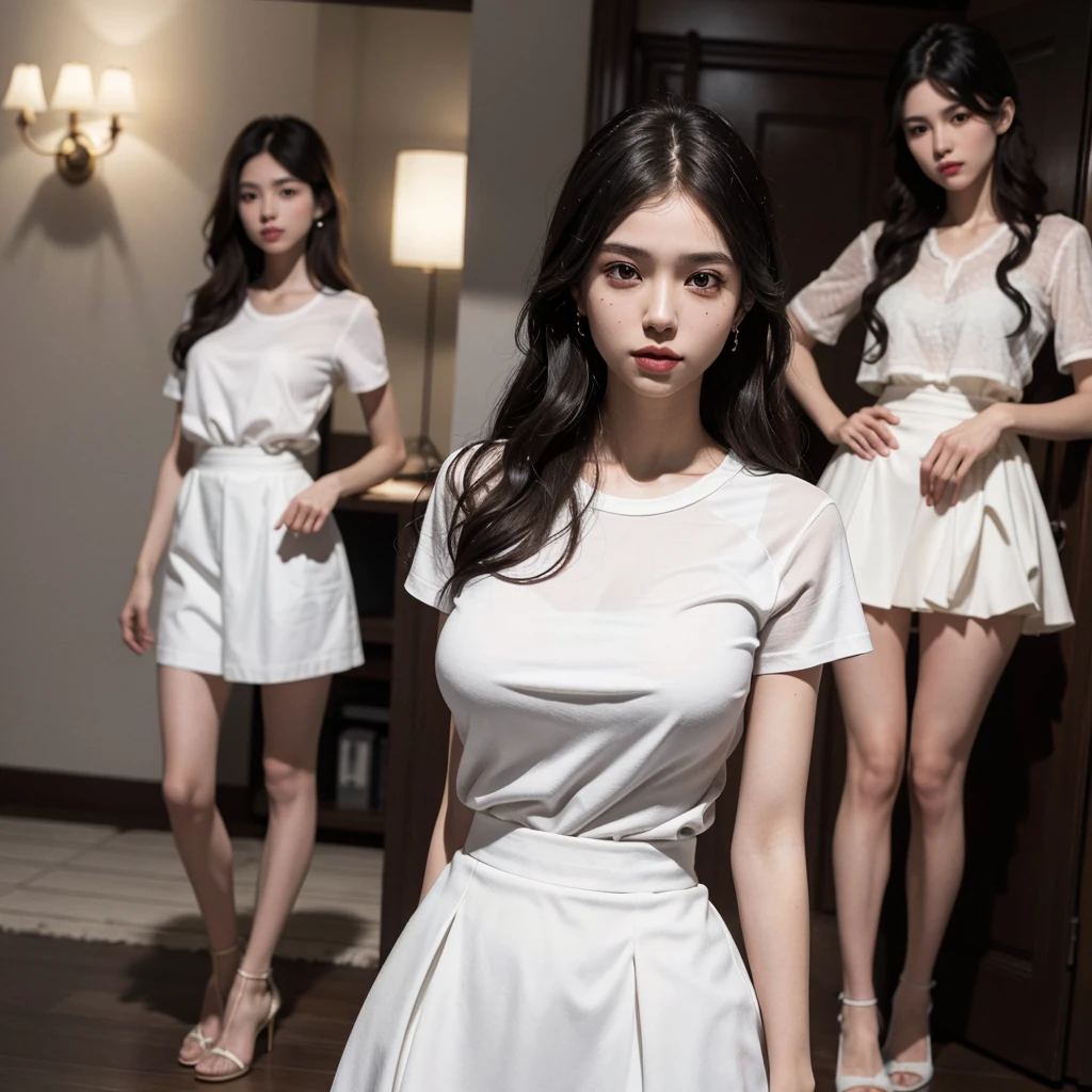 absurdres, RAW photo, extremely delicate and beautiful, masterpiece, Best Quality, ultra high resolution, 32k, hyperrealistic, ultra-detailed, Very detailed CG 8k wallpaper, Beautiful Lighting, Perfect Lightning, Realistic Shadows, perfect anatomy, super Detailed skin, late 20s, very Slim body, narrow waist, very small head, very detailed eyes and face, realistic face proportions, Stunning detailed eyes, Realistic small face, Realistic small eyes, tearful mole, earring, beautiful and very thin legs, beautiful and very thin thighs, (very huge round breasts:1.4), medium hair, wavy hair, black hair, (full body shot:1.5), (3 girls:1.3), (white shirt:1.2), brown skirt,