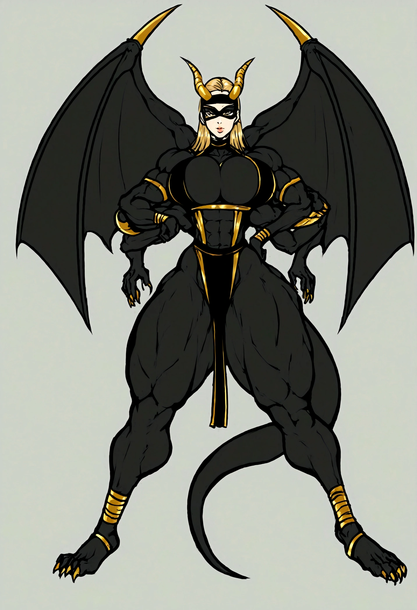 Ninja femboy, long cleopatra hair, dragon horns, long dragon tail, gigantic muscular body, black ninja outfit, big breasts, black ninja mask, 4 arms, full body.