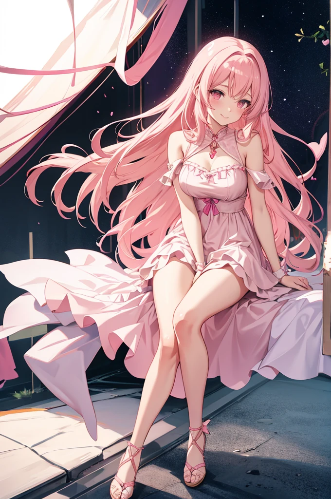 solo, 1girl, mature anime female, light pink hair, long hair, dark pink eyes, subtle blush, love goddess, sundress, innocent smile