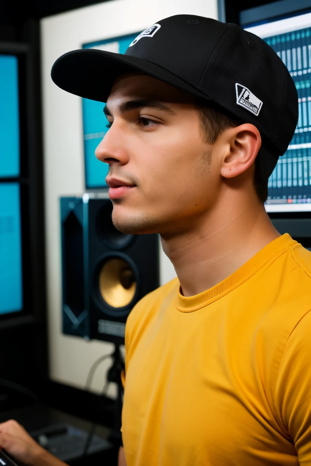 create a male person in a recording studio who wears a cap, who is talking with a microphone (with computer background)