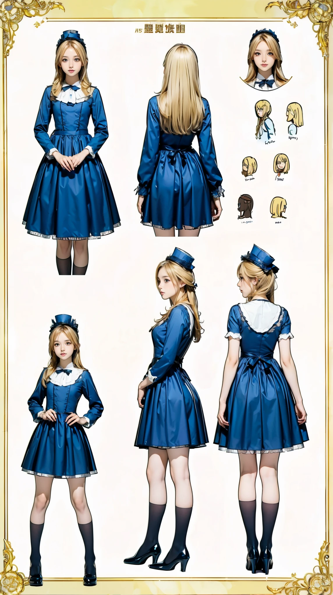 ((masterpiece)),(((Highest quality))),((Character design sheet)),Thin thighs,Long legs,whole body:1.5,Blonde fluffy long hair、blue eyes、white、 beautiful girl、Young girl、Black Lolita Fashion