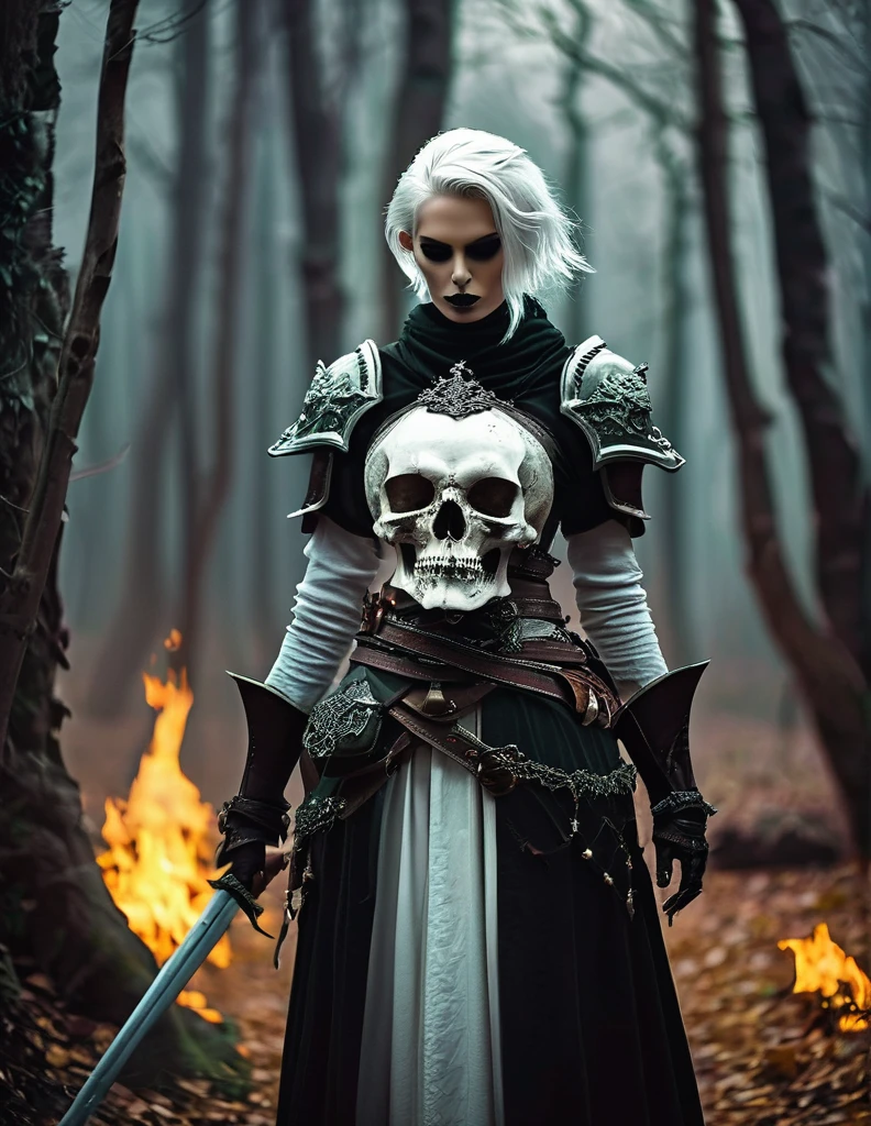 Necromancer. feminine. skull on the belt. Fantasy short White Hair. medieval times. gloomy forest