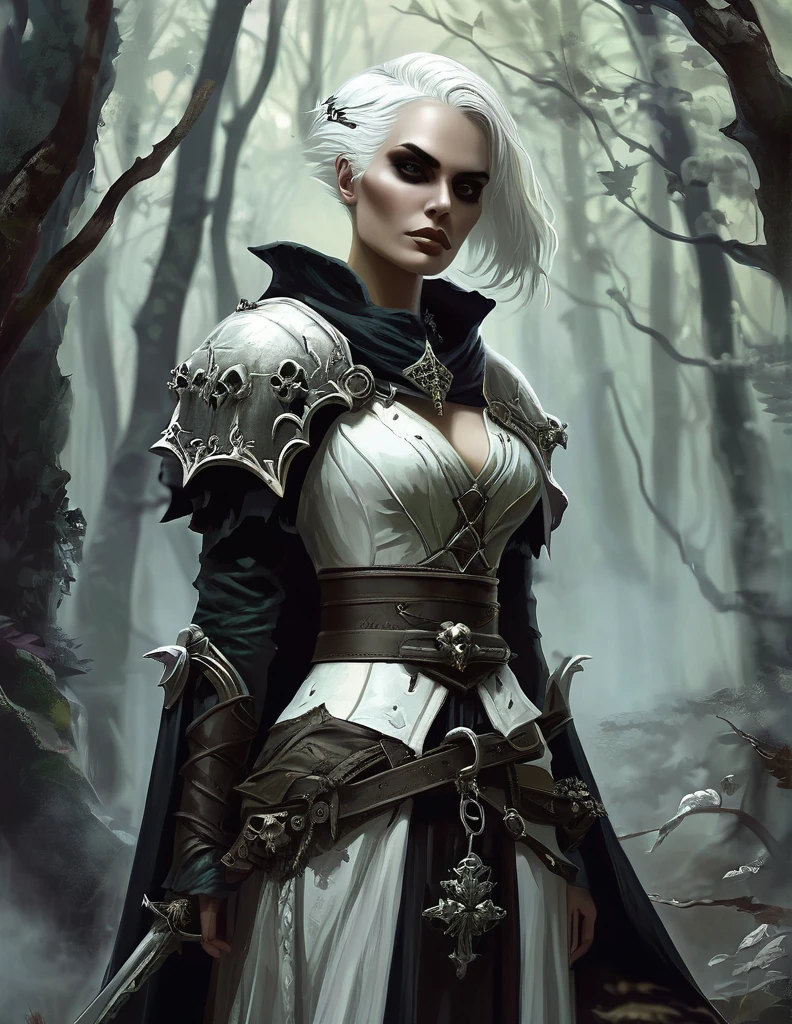 Necromancer. feminine. skull on the belt. Fantasy short White Hair. medieval times. gloomy forest