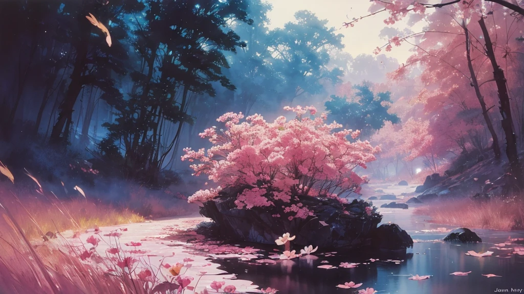 32k, Masterpiece, Highest quality, One girl, Brown Hair, Detailed eyes, flower,Freesia, Pink and navy style,A dreamy, romantic piece,Pale yellow, Mysterious Leaves,A playful arrangement,Fantasy,High Contrast,Ink strokes,explosion,Exposure, Impression of pink and navy tones,Abstract,((Watercolours by John Berkey and Jeremy Mann )) Brush strokes,Negative Space, Tyndall effect,