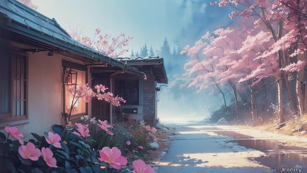 32k, Masterpiece, Highest quality, One girl, Brown Hair, Detailed eyes, flower,Freesia, Pink and navy style,A dreamy, romantic piece,Pale yellow, Mysterious Leaves,A playful arrangement,Fantasy,High Contrast,Ink strokes,explosion,Exposure, Impression of pink and navy tones,Abstract,((Watercolours by John Berkey and Jeremy Mann )) Brush strokes,Negative Space, Tyndall effect,