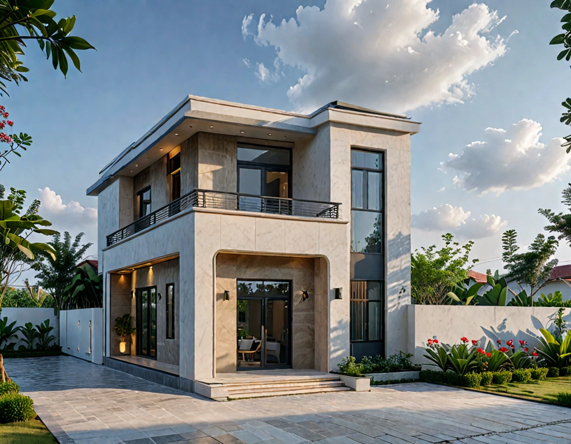 (masterpiece),(high quality), best quality, real,(realistic), super detailed, (full detail),(4k),8k,modern house exterior design,Modern architecture,Sandstone,whitewall,Beautiful_sky,Day light, no_humans, outdoors,sky,tree,Garden flower front of building,