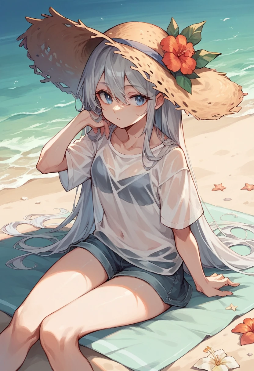 Japanese girl thinyshirt(See-through) blue eyes Long silver hair Midsummer Straw hat sitting on the beach