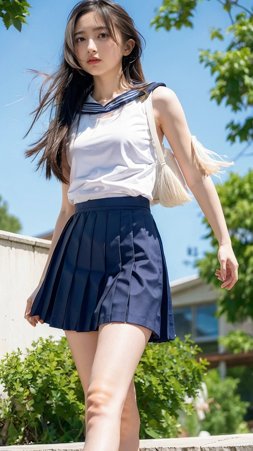 ((Viewing angle from below、Highest quality、masterpiece、32k、Every detail))、Descend the outdoor stairs、commute、Systemic manifestations、Traditional navy blue sailor uniform、White blouse、Pleated skirt、(((A strong wind blows my hair and skirt away:1.62)))、((I always carry the shoulder strap of my bag across my body..:1.22))、One Girl, alone、(((mini skirt, No underwear:1.22)))、Big Breasts、barefoot, High heels