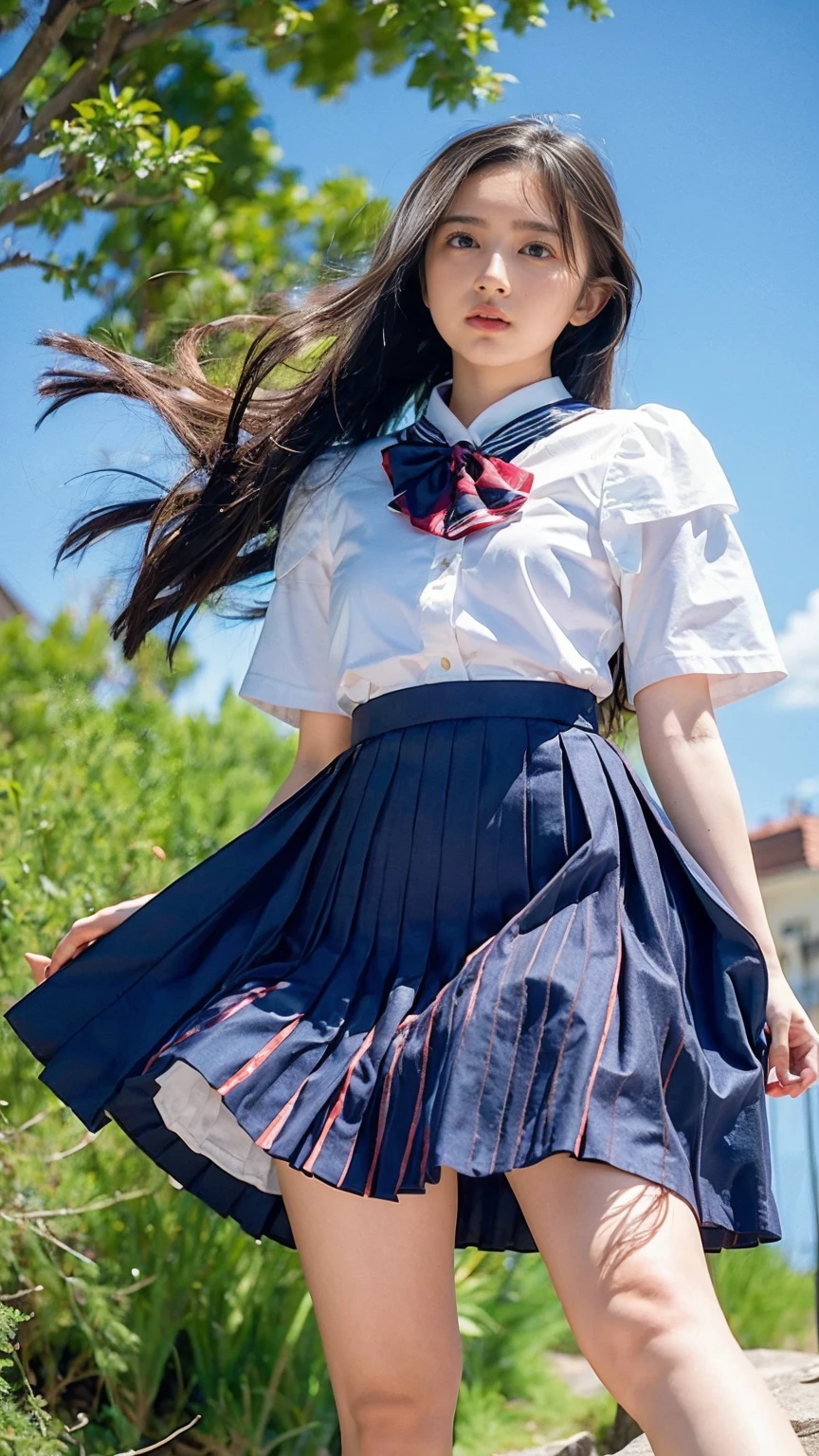 ((Viewing angle from below、Highest quality、masterpiece、32k、Every detail))、Descend the outdoor stairs、commute、Systemic manifestations、Traditional navy blue sailor uniform、White blouse、Pleated skirt、(((A strong wind blows my hair and skirt away:1.62)))、((I always carry the shoulder strap of my bag across my body..:1.22))、One Girl, alone、(((mini skirt, No underwear:1.22)))、Big Breasts、barefoot, High heels
