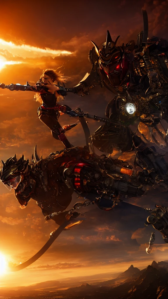 Leviatan and demon woman cyborg flying in a virtual dream of sin for the humanity fallen,The Earth's appearance slightly visible in the light of sunrise,The only light is the sunrise,(highest quality:1.4),(ultra detailed:1.5),High resolution,extremely detailed,unity 8k wallpaper