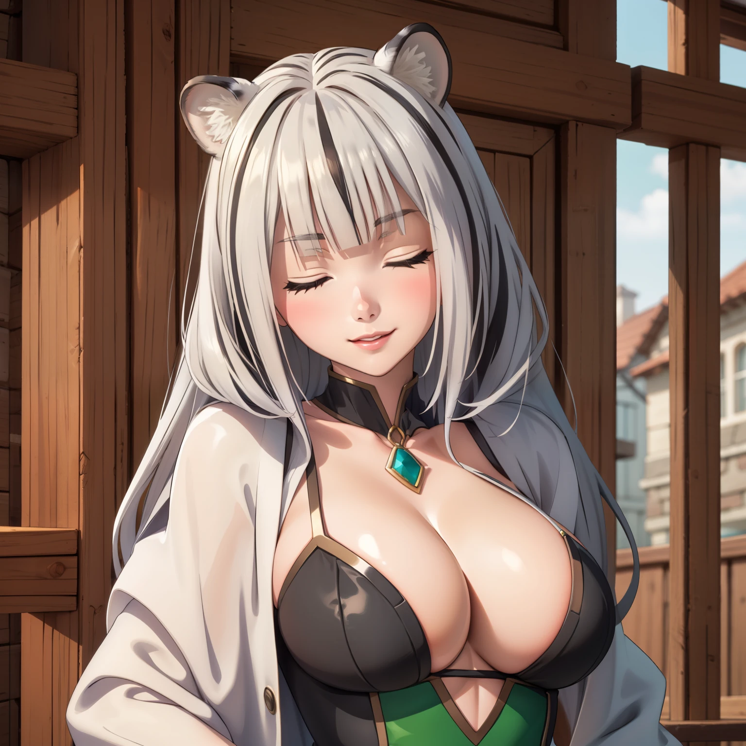 Atlas Fayon woman 40 years, white hair with black stripes ,white tiger ears, closed eyes, mujer ciega con closed eyes,low-cut green dress, flirtatious smile, big breasts, big neckline, . white tiger hair.