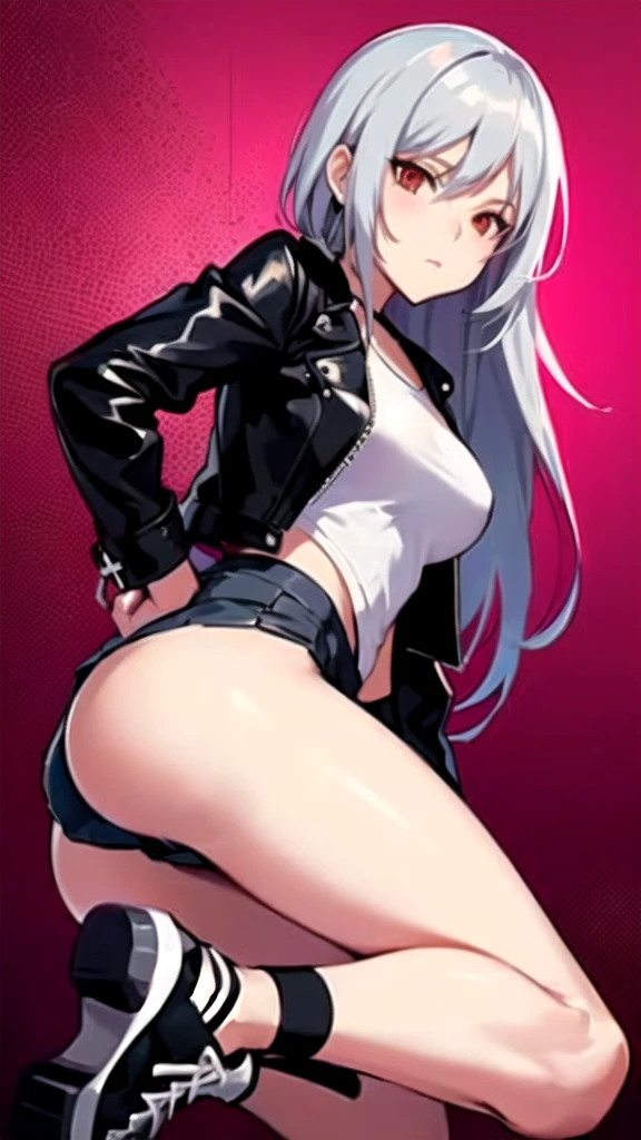 A close-up of a person wearing a short skirt and a jacket, seductive anime girl, female action anime girl, ????? anime style, beautiful anime girl squatting, tifa lockhart with white hair, Perfect white hair girl, 2 second, 2b, ????? style, Pose rudo, Kantai Collection Style, fine details. front line girls, ?????, black neon