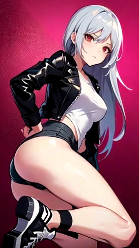 A close-up of a person wearing a short skirt and a jacket, seductive anime girl, female action anime girl, Ecchi anime style, beautiful anime girl squatting, tifa lockhart with white hair, Perfect white hair girl, 2 second, 2b, ecchi style, Pose rudo, Kantai Collection Style, fine details. front line girls, ecchi, black neon