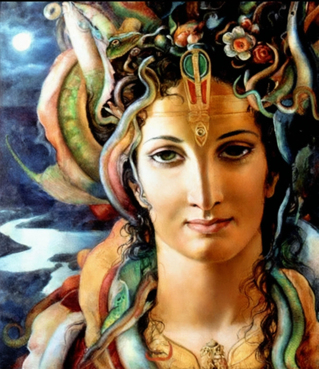 close-up of a painting of a woman with a snake on her head, goddess portrait осьминога, Portrait of Medusa, goddess portrait, Portrait of the Scorpion Goddess, Portraiture of Medusa, goddess portrait, goddess portrait крупным планом, portrait of a beautiful goddess, a stunning goddess portrait, Beautiful female gorgon, Cheats Vata