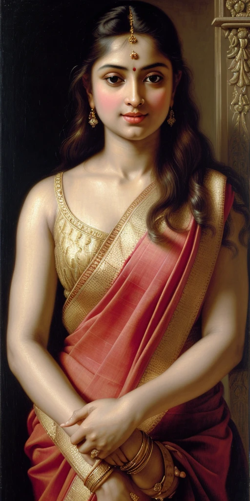 Beautiful Indian Woman, wearing saree, sari Beauty, gorgeous, Apsara, Maharani, royal queen woman, nymph from Hindu Mythology, Urvashi, matchless beauty, Highly detailed, Oil Painting by Peter Paul Rubens inspired by Raja Ravi Varma, Matchless beauty, captivating, gorgeous, heavenly beauty, celestial beauty, by Peter Paul Rubens, 13, realistic, hyper realistic, micro details, incredible artwork, insane details, ultra High resolution, 8k, 32k, acrylic on canvas, intricate, flawless, detailed, detailed face, detailed eyes, masterpiece, by Peter Paul Rubens, by Caravaggio, by William Adolphe bouguereau, perfect face, perfect body, beautiful art, realism, baroque, renaissance Art, highly textured, beautiful and detailed eyes, uhd, best quality, flawless art, detailed art, 
