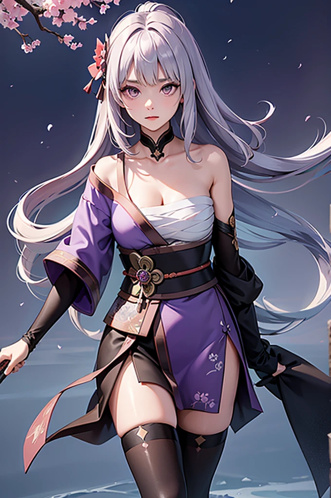 (masterpiece, Highest quality, Dutch Angle)(One girl, alone)(Gray Hair,Purple eyes,Straight Long Hair)(sarashi,kimono,One Shoulder、Wear one kimono:1.4、One shoulder exposed)(Serious expression, Woman with a sword:1.3、Floating Hair)(Cherry tree、dead tree、Mystical Night、Particles of light float around the woman、Space for fantasy)
