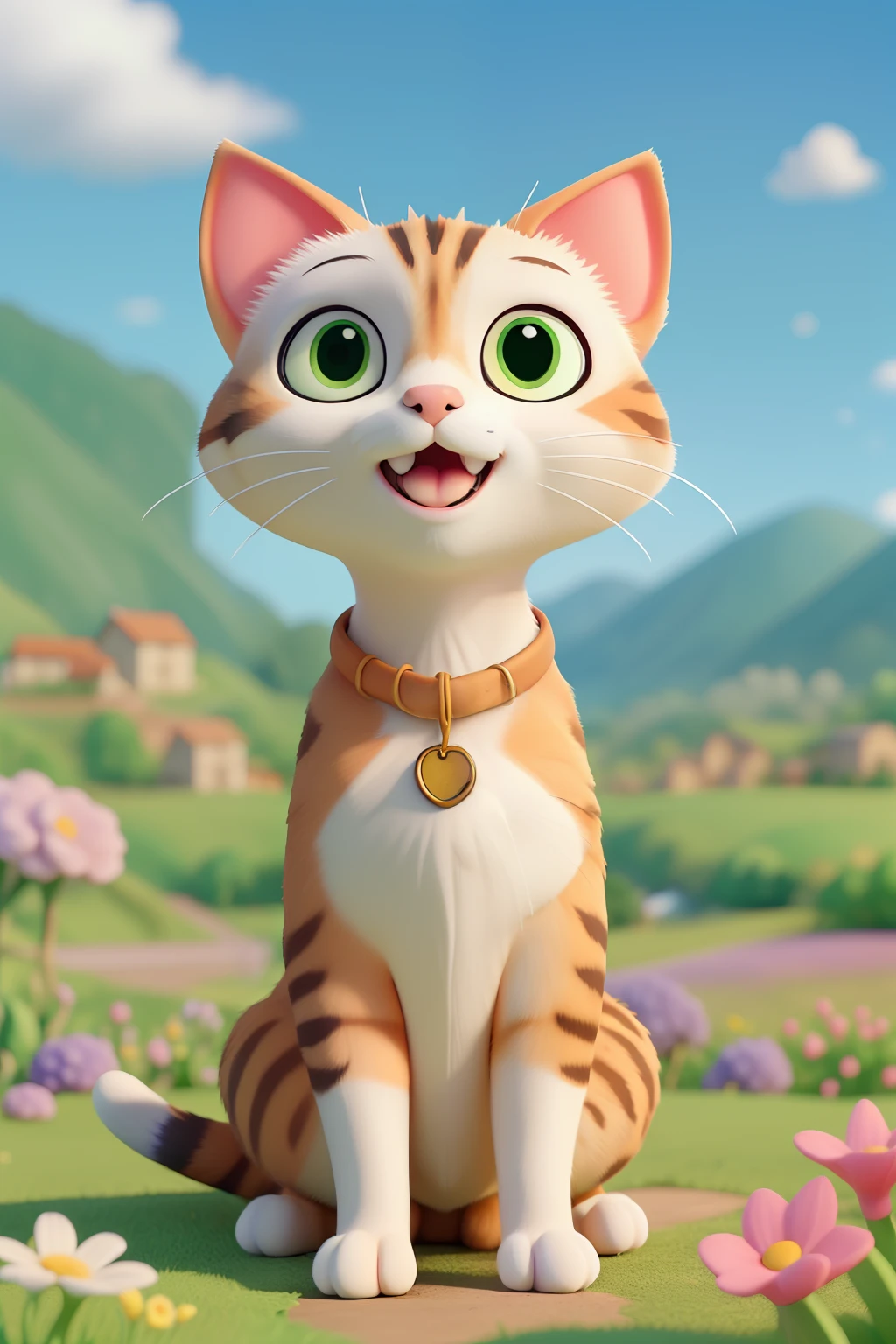 a happy cat and dog in a small town surrounded by green hills and colorful flowers