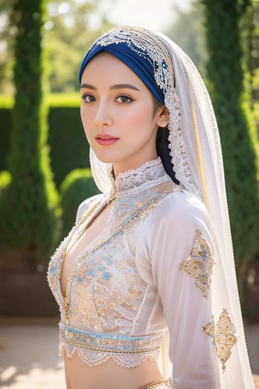 Highest quality,Hijab with beautiful details,charming face,Mongolian model,Long eyelashes,Wear a colorful belly dancing outfit.,Cover your mouth with lace.,Detailed details,big ,With dissociation.,staring at the camera、Versailles