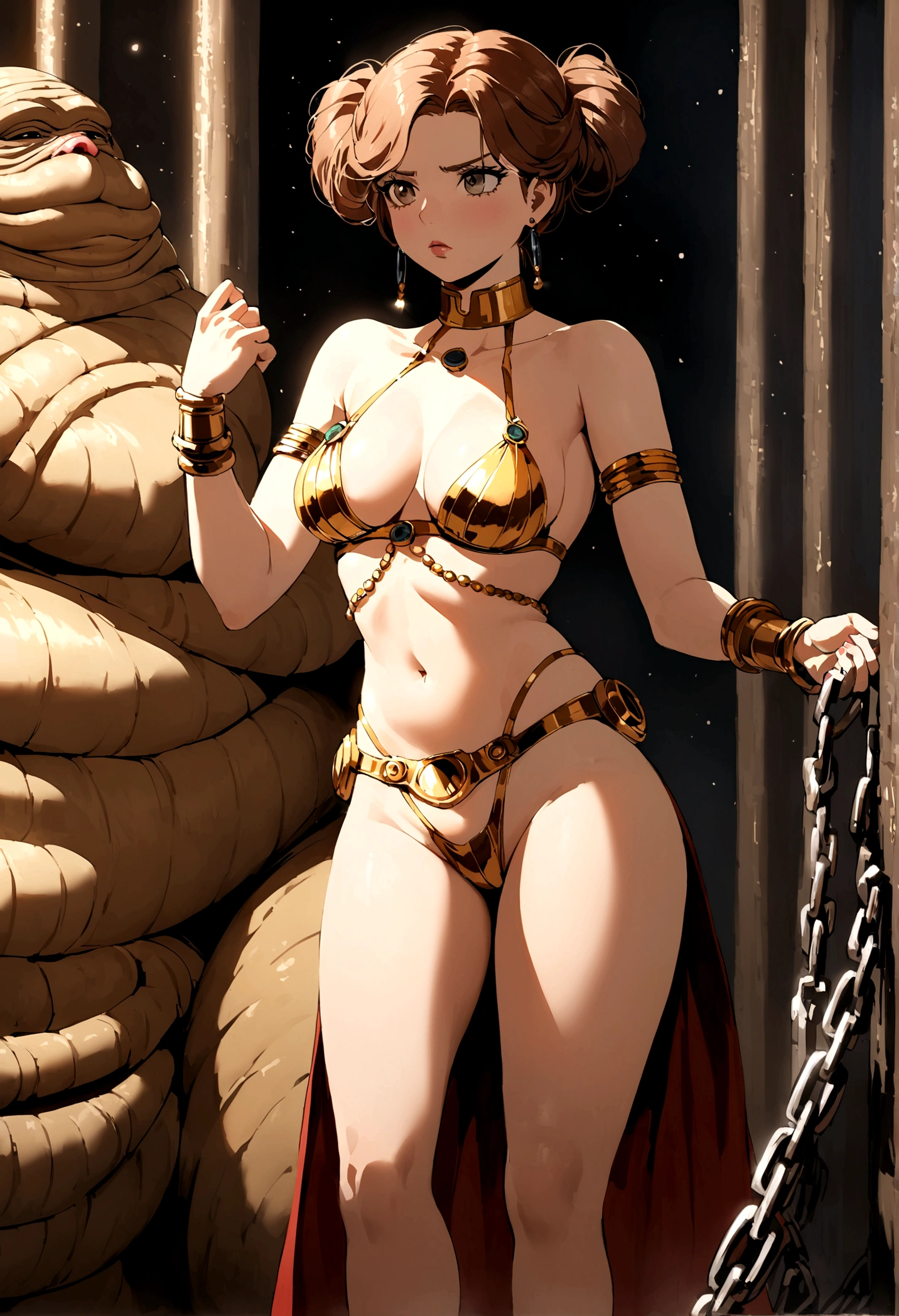 Sofia Vergara (age 25) in the role of Princess Leia, wearing her iconic metal bikini slave outfit, is scolding Jabba for keeping the room so cold, she is chained to jabba