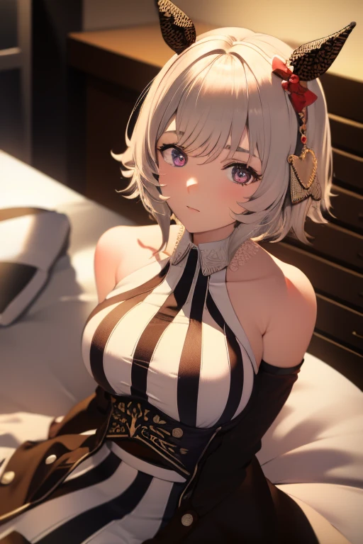 Lying naked in bed。Big breasts and pink nipples。(masterpiece),(Highest quality:1.0), (Ultra-high resolution:1.0), Detailed illustrations, 8K, Pretty face