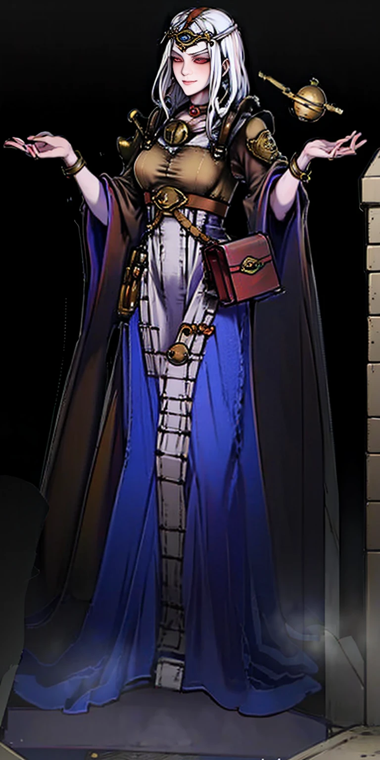 (Cassia Orsellio) full body standing straight symmetrical, red eyes, lustful smirking smile face red blush red cheeks, looking at viewer, holding tray, maid headdress, maid, dress, apron, long sleeves, brown pantyhose, leather choker with golden bell, long leather military boots, thighs, short bob white hair with 2braids, masterpiece