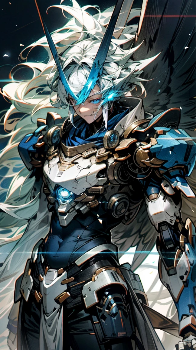 Night Sky, The blue and white metal reflects the bright moonlight，The joints on the body emit blue light，Under the armor covered with dried blood，The core of the mecha emits a faint humming sound，The wings are folded on the back and are in harmony with the body size.，Calf上的垂直尾翼还挂着怪物的肠子

　　The eyes on the head are connected as one line，Shooting out blue light，Two rows of sharp steel teeth emitting cold light are neatly combined into one piece.

　　Mecha&#39;s wrist，Calf，The belly and back are painted blue，The edge of the painting is a transition of rectangular color chips, Keep_arms, No_human nature, glow, Ninja, White and blue mechs，architecture, Science fiction, Urban, Reality Upper body straight in front glowing body glowing blue eyes Broad shoulders，Sci-fi shoulders--v6