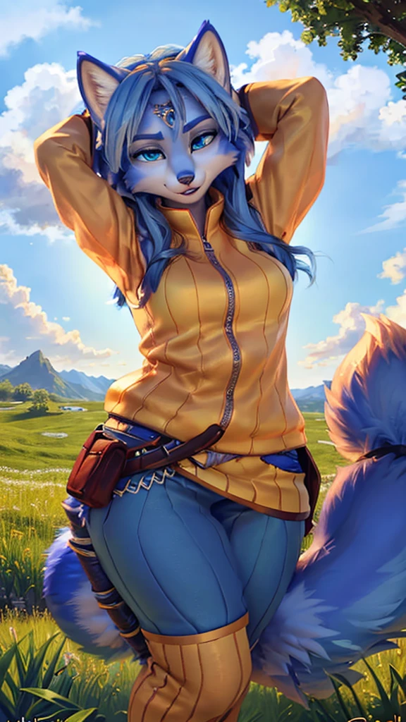 A beautiful and detailed (sweet portrait) wa ((Krystal)), Star Fox Krystal, sslim, lovable, green eyes, medium breasts, (((Long blue hair 1.3))), Decollete, anthro, furry, Uploaded E621, detailed fluffy fur, (wa Fluff-Kevlar, Bayard Wu, Personalami, Pino Daeni), detailed face, (fluffy), 1 girl, alone, sweet girl, lies on a meadow, looks at the viewer, viewer is above the, Hands over the head, Her whole body can be seen 
