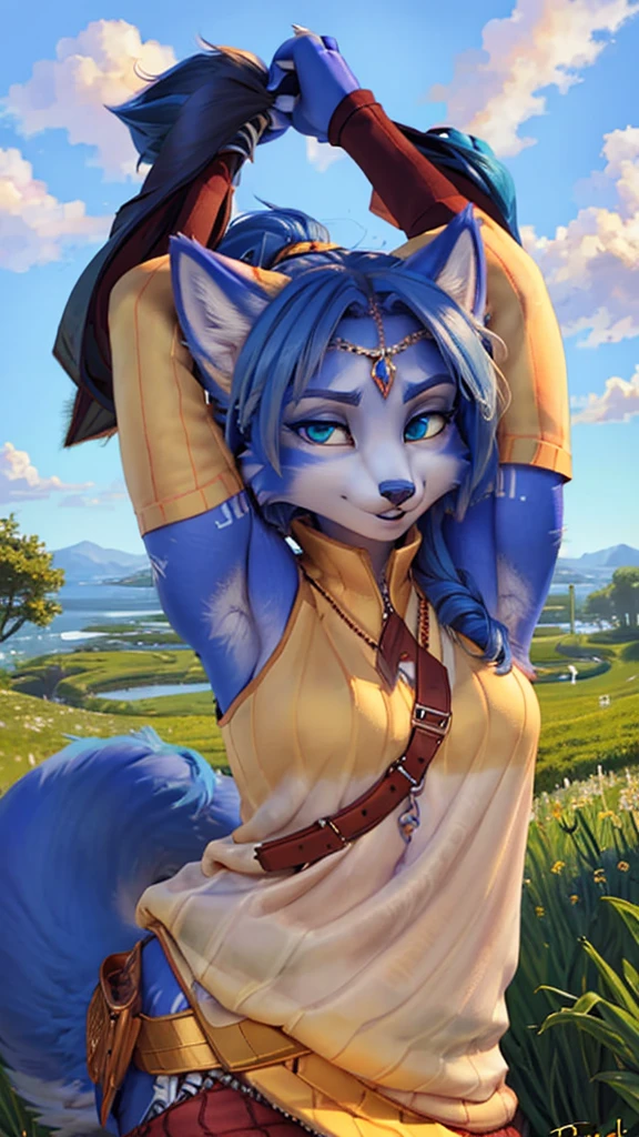 A beautiful and detailed (sweet portrait) wa ((Krystal)), Star Fox Krystal, sslim, lovable, green eyes, medium breasts, (((Long blue hair 1.3))), Decollete, anthro, furry, Uploaded E621, detailed fluffy fur, (wa Fluff-Kevlar, Bayard Wu, Personalami, Pino Daeni), detailed face, (fluffy), 1 girl, alone, sweet girl, lies on a meadow, looks at the viewer, viewer is above the, Hands over the head, Her whole body can be seen 
