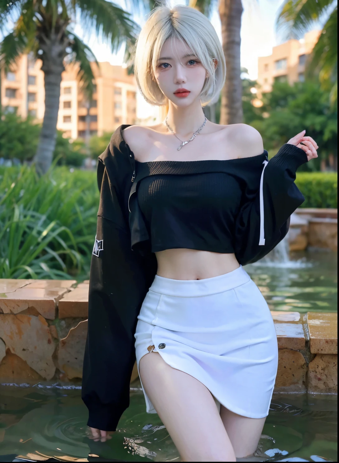 Beautiful woman with perfect figure:1.4，Swimming background，Desert Background，Ultra-high resolution，Seductive laughter，wear glasses，White legs，（lifelike：1.4），Layered Hairstyle，White皮肤，Black mini pleated skirt，whole body，Very delicate face and skin texture，Double eyelids，Skin Whitening，Long hair，White hair，White，