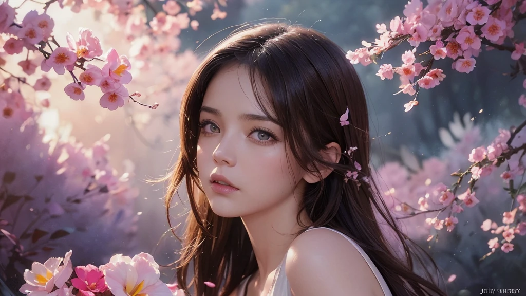 32k, Masterpiece, Highest quality, One girl, Brown Hair, Detailed eyes, flower,Freesia, Pink and navy style,A dreamy, romantic piece,Pale yellow, Mysterious Leaves,A playful arrangement,Fantasy,High Contrast,Ink strokes,explosion,Exposure, Impression of pink and navy tones,Abstract,((Watercolours by John Berkey and Jeremy Mann )) Brush strokes,Negative Space, Tyndall effect,