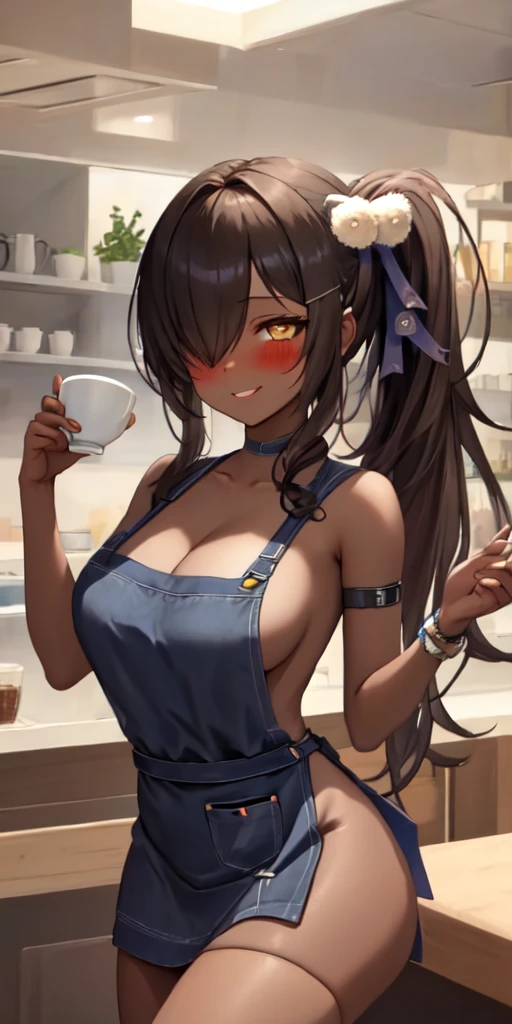 1girl, solo, hair ornament, (naked:1.3), (white apron), large breasts, cleavage, thighs, cafe background, (blushing:1.3), naga, brown hair, ponytail, golden eyes, dark skin, gal, naga, lewd, smirk