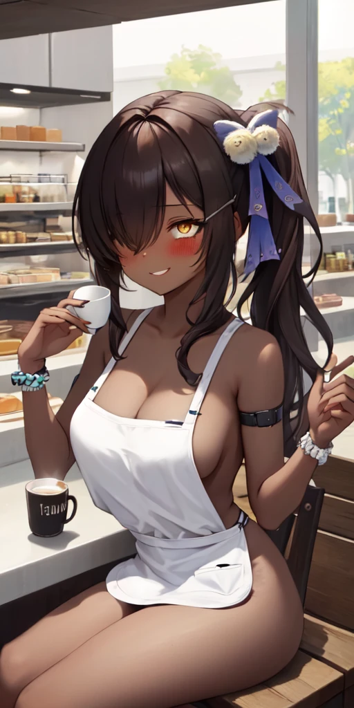 1girl, solo, hair ornament, (naked:1.3), (white apron), large breasts, cleavage, thighs, cafe background, (blushing:1.3), naga, brown hair, ponytail, golden eyes, dark skin, gal, naga, lewd, smirk