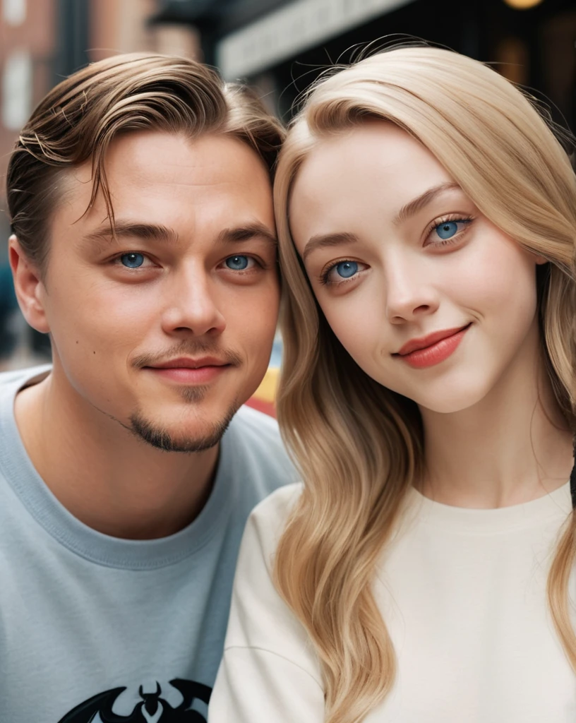 ((A couple in love)) a 20 year old man with bright light blue eyes, light brown hair, physical resemblance to 20 year old Leonard Dicaprio, dressed in a spider-man sweatshirt and a white t-shirt, short hair hairstyle, standing next to his beautiful blonde-haired girlfriend with bright, slightly dark blue eyes and a physical resemblance to 20-year-old Amanda Seyfried dressed in a black dress, an unreal engine 5, octane renderer, background of a bookstore, detailed hair and eyes, beautiful real faces, Detailed faces with physical resemblances to actors Leonardo Dicaprio and Amanda Seyfried, Beautiful hair, they both smile, beautiful portrait con detalles, hair with many details, 8k Artgerm bokeh, IG model | Artgerm, detailed portrait, stunning holding portrait of a realistic face, beautiful portrait, deviantart artstation cgscosiety, realistic cinematic portrait, high quality portrait, elegant digital painting, Artistic style