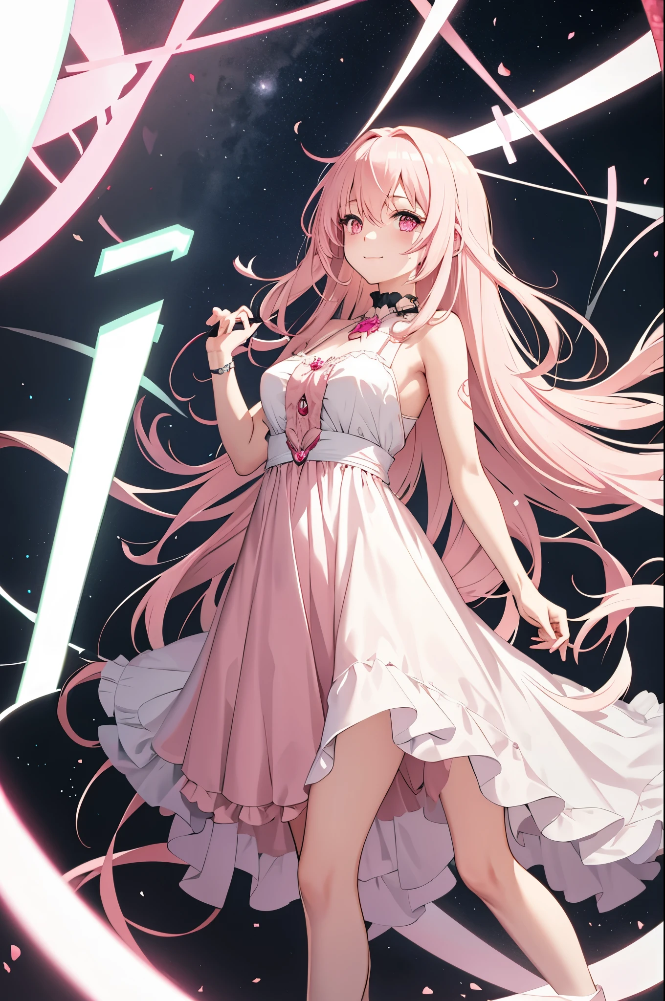 solo, 1girl, mature anime female, light pink hair, long hair, dark pink eyes, subtle blush, love goddess, sundress, innocent smile