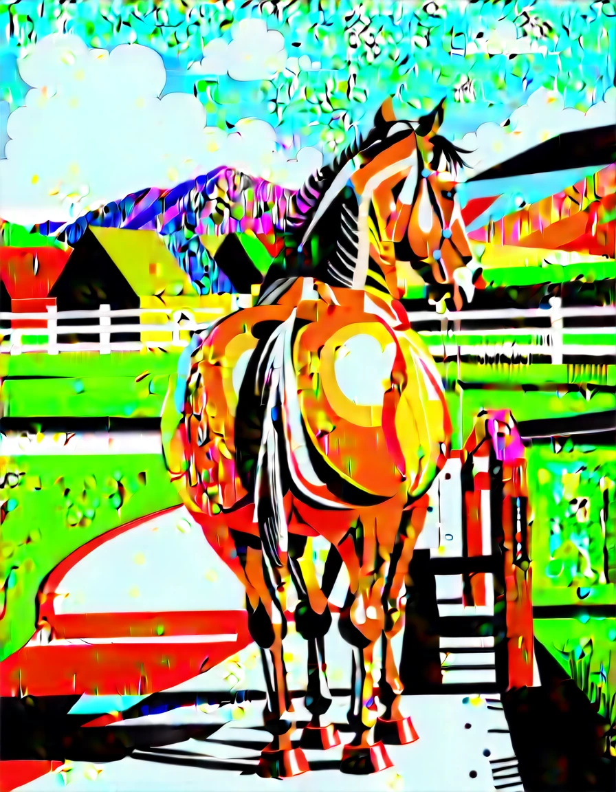 full rear(100) view of large fat wide hairy Shire horse stallion with lumps of horse dung pouring out of the centre of a big bum and sliding down legs. facing away from view point - towards horizon. wide open rectum and anus in full view. full of horse dung. tail to left side. ((masterpiece)), ((best quality)), ((highres)), ((extremely detailed)), (( back view)), (super realistic) . anatomically correct. horse surrounded by 5 lumps of steaming dung. open field. bright sunny sky. view includes legs and hoofs