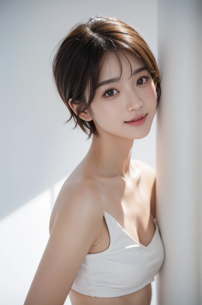 realistic light,natural light,white background,최고 quality、8 thousand、32,000、masterpiece、uhd:1.2) quality, primitive photorealism, laugh, Beautiful girl, cute, Short hair, depth of field, high resolution, ultra detail, Highly detailed eyes and face,small eyes