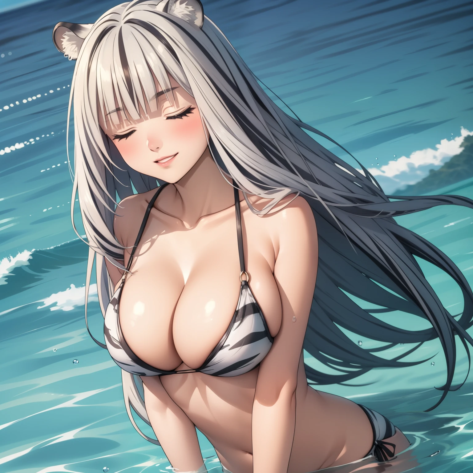 Atlas Fayon woman 40 years, white hair with black stripes ,white tiger ears, closed eyes, mujer ciega con closed eyes, Bikini sexy, He is bathing in the ocean, drops of water on his chest, water drops splashing, big breasts. SMILE.