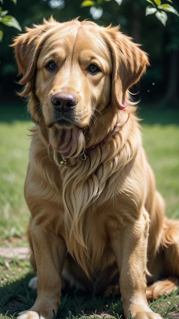 a curious golden retriever dog, photorealistic, 8k, hyperdetailed, studio lighting, ultra-fine details, vivid colors, depth of field, warm lighting, golden fur, friendly expression, outdoor nature background, lush greenery, shallow depth of field, beautiful bokeh
