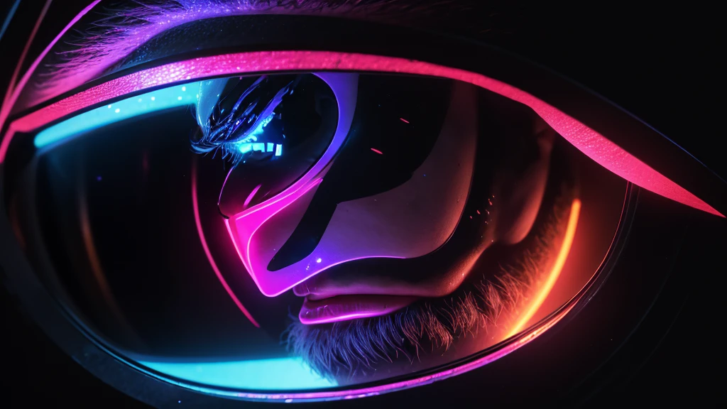 man looks into the mirror and see himself as reaper, neon colors, high detail, long shot, wide shot, 4K, 3D, REALISTIC, (iridescent glow smoke), UHD, 32K, very bold neon colors, black light, neon light