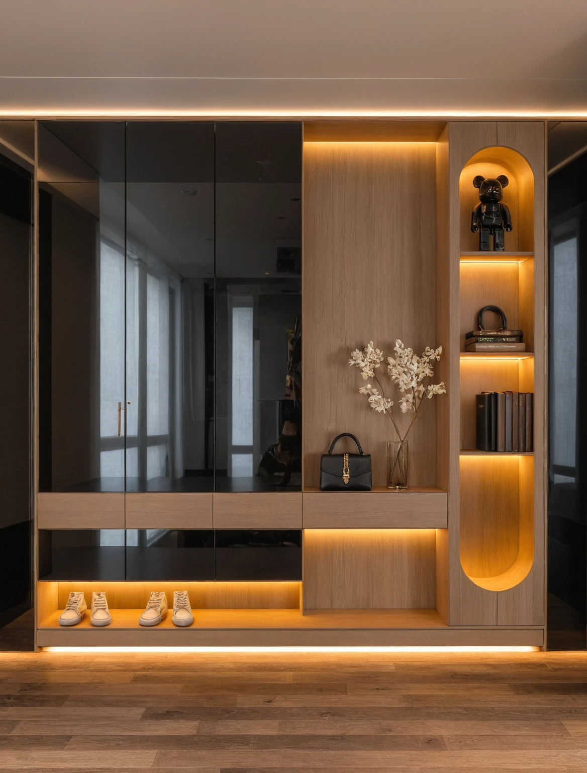 Raw photo,Masterpiece, high quality, best quality, authentic, super detail, interior, shoes Cabinet style modern luxury , sunset, daylight, shoe cabinets, decorative cabinets, flower vases, led lights, ceiling lights, decorations, books, wooden floor, Black glasses, handbags, shoes, bearbrick, mirror