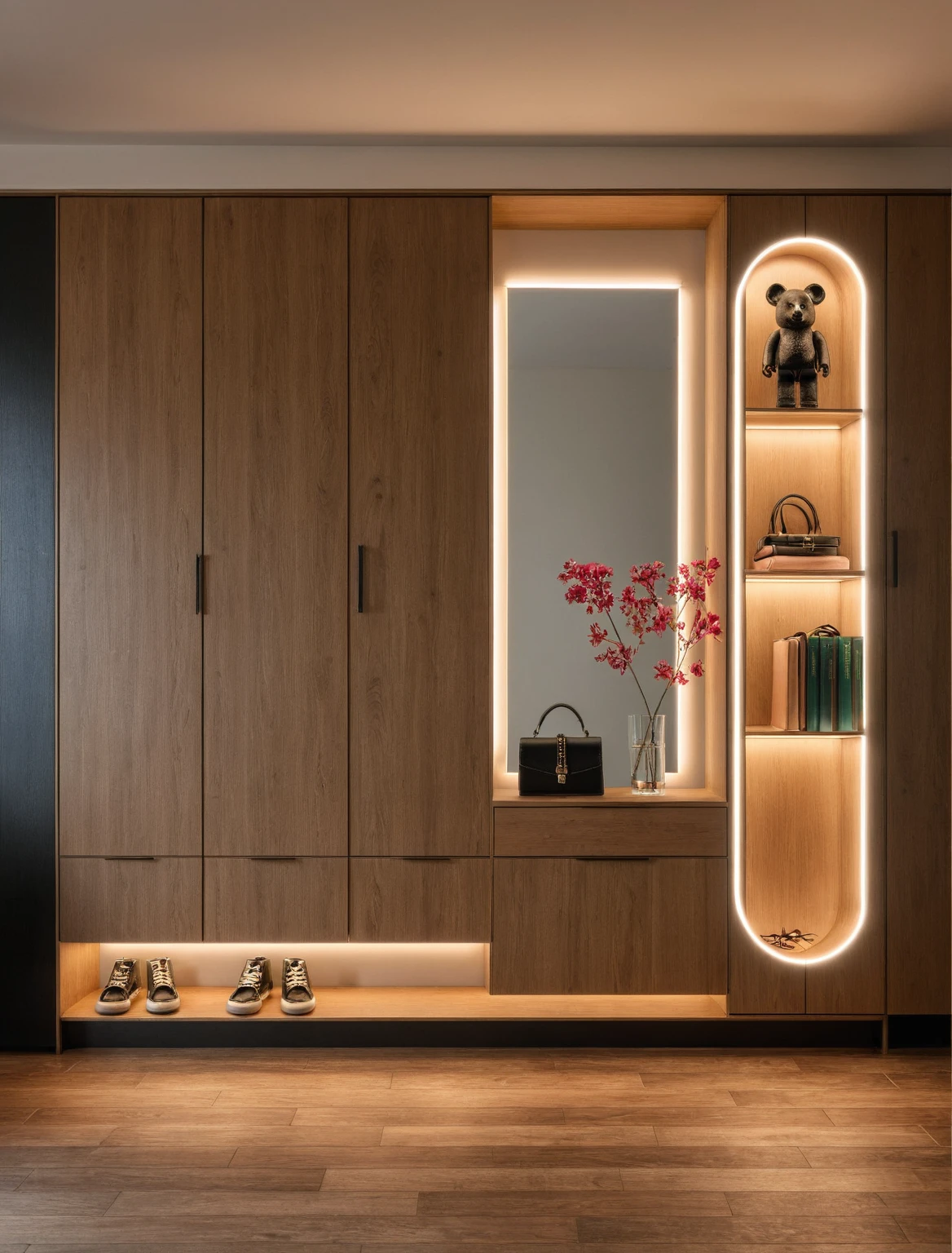 Raw photo,Masterpiece, high quality, best quality, authentic, super detail, interior, shoes Cabinet style modern luxury , sunset, daylight, shoe cabinets, decorative cabinets, flower vases, led lights, ceiling lights, decorations, books, wooden floor, Black glasses, handbags, shoes, bearbrick, mirror