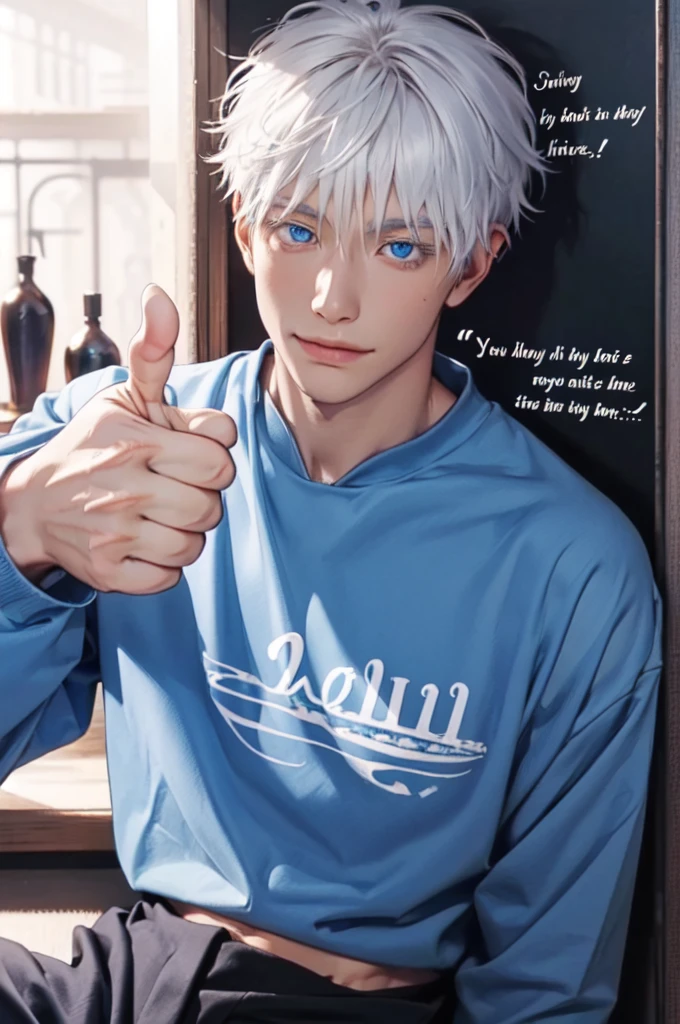 Incrs404,english text,Written On Clothes,1male,portrait,satoru gojo,white hair,short hair,hair between eyes,blue eyes,colored eyelashses,(thumbs_up:1.4),(cowboy_shot:1.3),