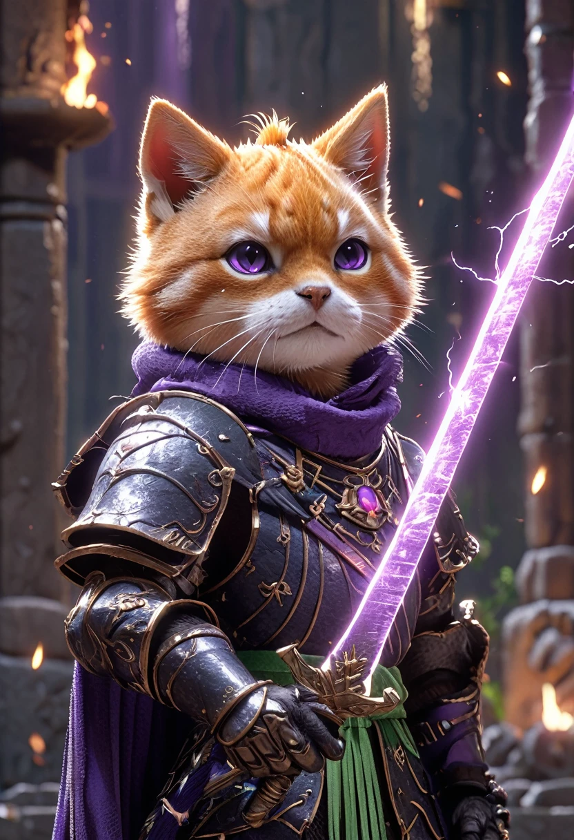 (4 characters))、(Cat Knight、Dark armor、Holding a flaming sword)、(Monkey Warrior、A fighting pose with a lightning-charged fist)、(Shiba Inu Samurai、Black armor、Set up Japanese swords on both hands)、(Green Parrot Wizard、Witch's hat and robe、Holding a cane in both hands、A purple magic circle appears from the tip of the wand.)、In the dungeon、Twilight、4K、3DCG、High resolution with flying sparks, masterpiece, Highest quality, Super detailed, Super detailed, Ultra-realistic, Hong Kong Style, 3D Fluffy, Cute and adorable close-ups, Cute big round reflective eyes, Long fuzzy fur, Pixar Rendering, unreal engine Cinematic smooth, Exquisite detail, Cinematic
