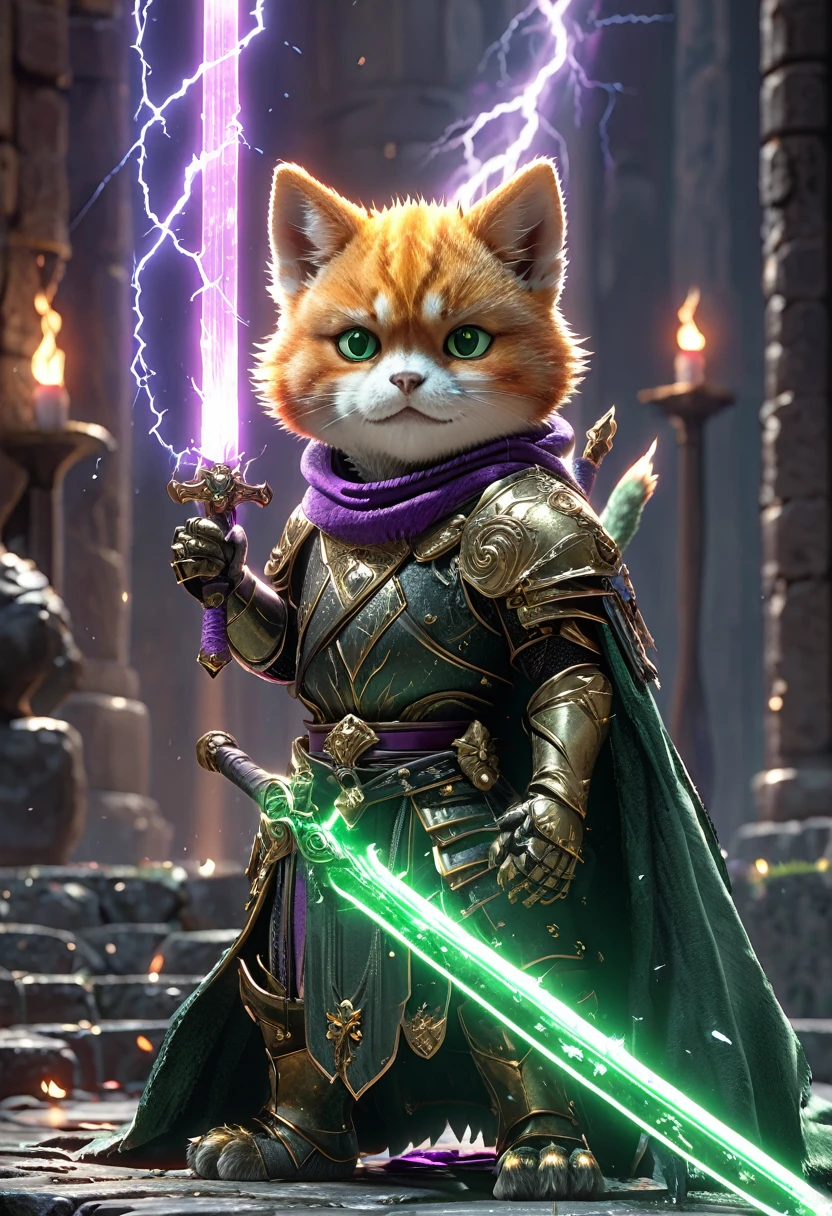 (4 characters))、(Cat Knight、Dark armor、Holding a flaming sword)、(Monkey Warrior、A fighting pose with a lightning-charged fist)、(Shiba Inu Samurai、Black armor、Set up Japanese swords on both hands)、(Green Parrot Wizard、Witch's hat and robe、Holding a cane in both hands、A purple magic circle appears from the tip of the wand.)、In the dungeon、Twilight、4K、3DCG、High resolution with flying sparks, masterpiece, Highest quality, Super detailed, Super detailed, Ultra-realistic, Hong Kong Style, 3D Fluffy, Cute and adorable close-ups, Cute big round reflective eyes, Long fuzzy fur, Pixar Rendering, unreal engine Cinematic smooth, Exquisite detail, Cinematic
