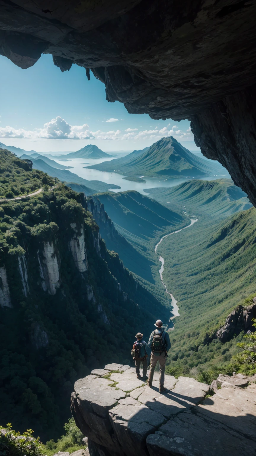 Lone explorer standing at the top of a mountain, looking to the horizon, he is in the top and at the bottom there is a tropical environment with dense forests and waterfalls. Sunlight illuminating one side of the image, casting shadows on trees and rocks on the other. the man is at a high altitude, THE MAN IS AT THE HIGHEST POINT OF THE FIGURE, ADMIRING THE LANDSCAPE BELOW THE MOUNTAIN, higher relief, is in the center of the image. minimalist, Angelcore, Dripping Paint, ultra wide-angle, Octane rendering, 500px, sprite sheet, psychedelic colors, Green Academia, strobe lighting, 8-bit. absurd res, high res, (masterpiece:1.4), ultra-detailed,