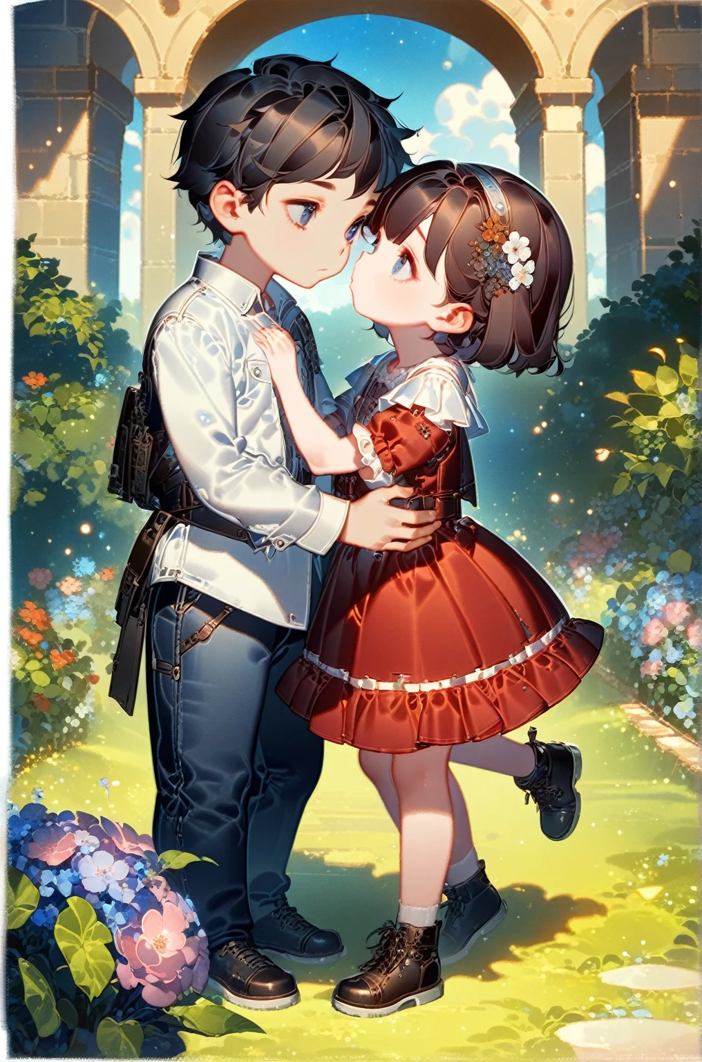 a couple of young children are kissing in a garden, peasant boy and girl first kiss, kissing together cutely, kawacy, 🍁 cute, anime cover, official art, lovely kiss, kissing together, official fanart, artwork in the style of guweiz, couple pose, lovely couple, high detailed official artwork, cute art style, boy and girl
